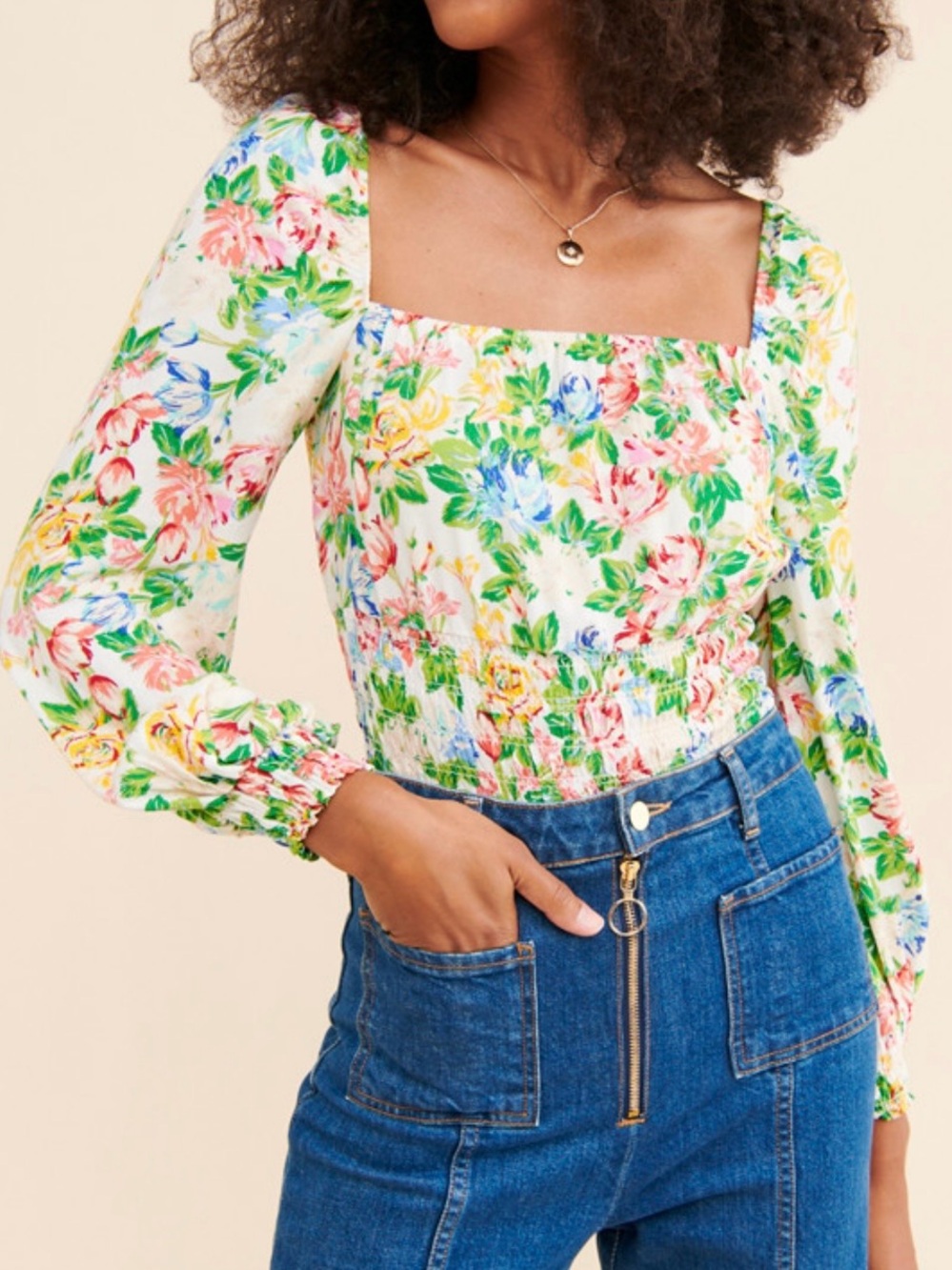 AFRM Floral Top S Square Neck Puff Sleeve Smocked Cottagecore Romantic